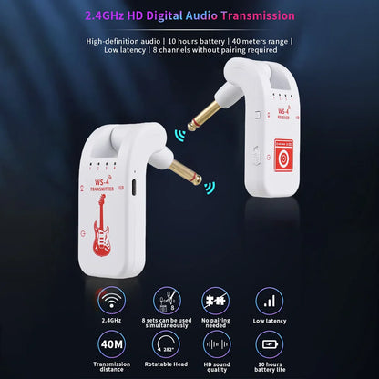 2.4G Wireless Guitar System – Transmitter & Receiver Set for Electric Guitar & Bass, 48K/16bit Real-Time Audio Transmission