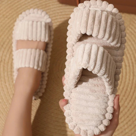 Women’s Corduroy Fuzzy Home Slippers – Lightweight Open Toe Non-Slip Plush Indoor Floor Slides for Autumn & Winter