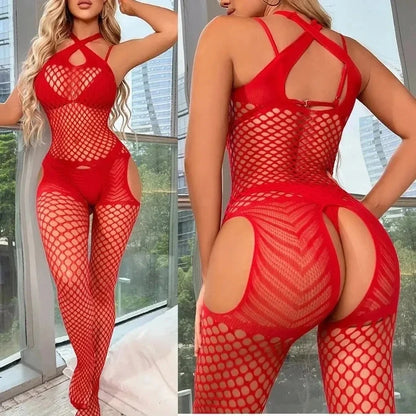 Women’s Open Crotch Bodystocking Lingerie - Black Sleeveless Sexy Mesh Bodysuit & Crotchless Fashion Underwear