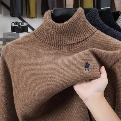 Men's Velvet High Neck Sweater - Luxury Pony Embroidery Thick Warm Winter Knitted Pullover