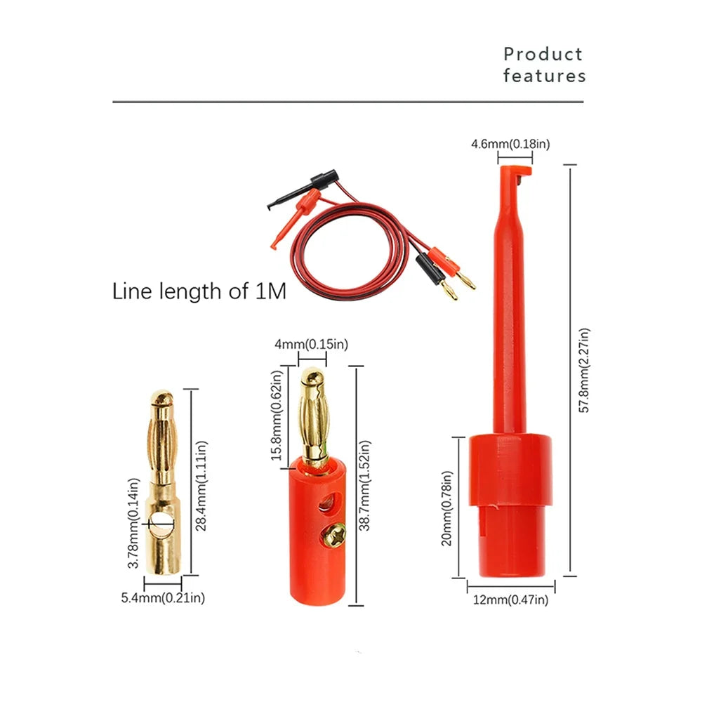 1M 4mm Banana Plug Test Cable - Gold Plated Electric Hook Clip Leads for Multimeter Testing, Red Black Connector Wires