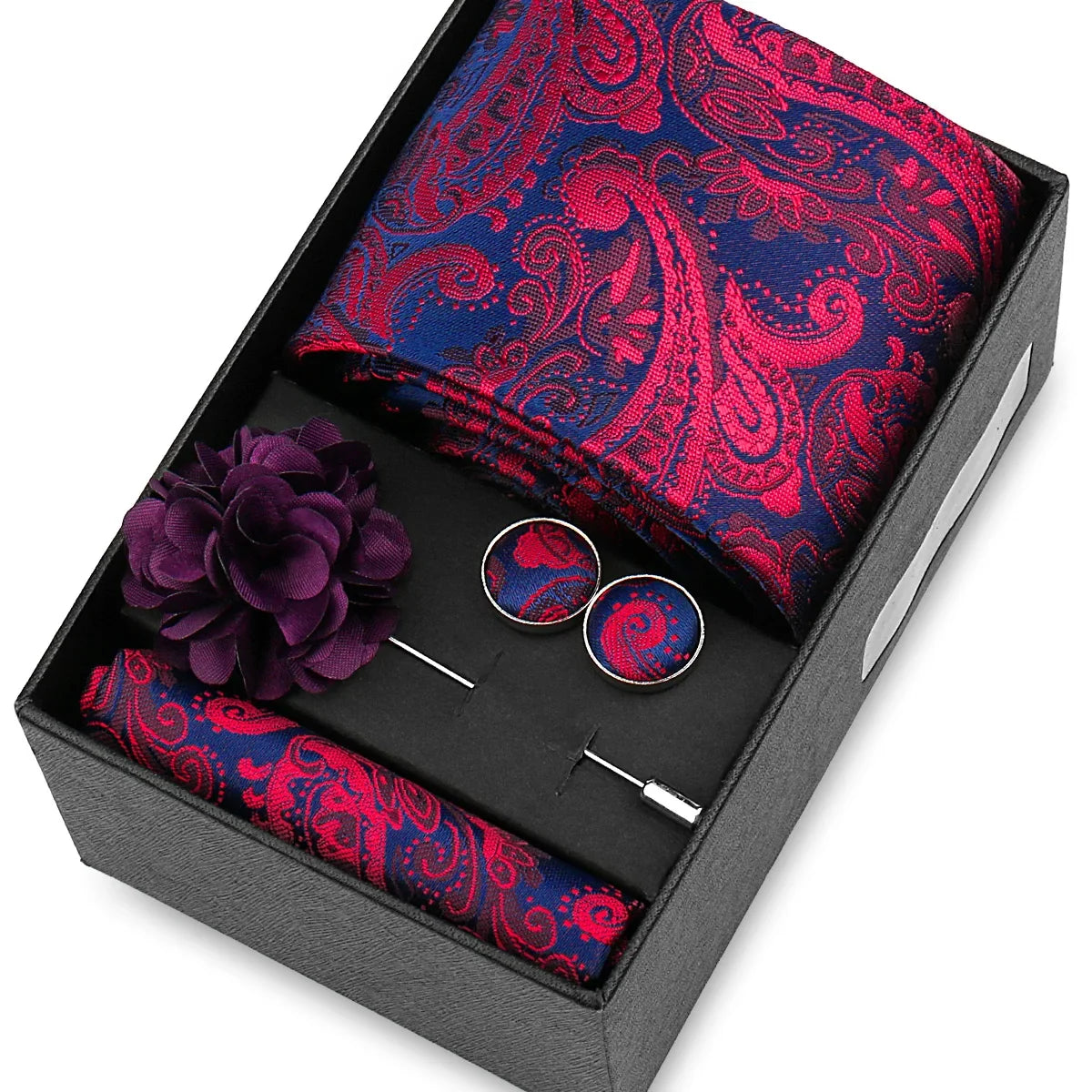 Elegant Men’s Necktie Gift Set - Fashion Tie with Handkerchief, Cufflinks & Brooch Pin Accessories for Business & Wedding