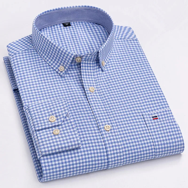 Men’s Cotton Oxford Shirt - Smart Casual Long Sleeve Plaid Print Dress Shirt, Regular Fit up to 6XL