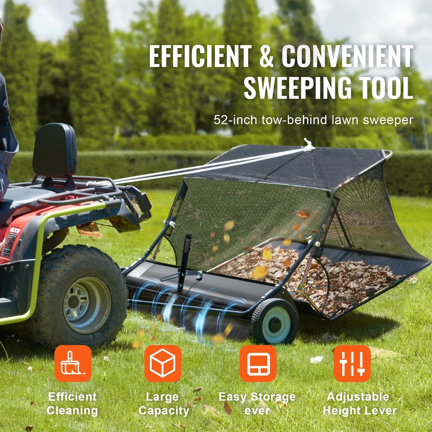 SucceBuy 52 Inch Lawn Sweeper - Heavy Duty Tow Behind Leaf and Grass Collector with 26CuFt Hopper