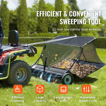 SucceBuy 52 Inch Lawn Sweeper - Heavy Duty Tow Behind Leaf and Grass Collector with 26CuFt Hopper