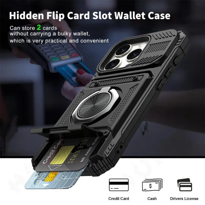 Magnetic Ring Kickstand iPhone Case - Heavy Duty Drop Protection Wallet Cover for iPhone 7-16 Series