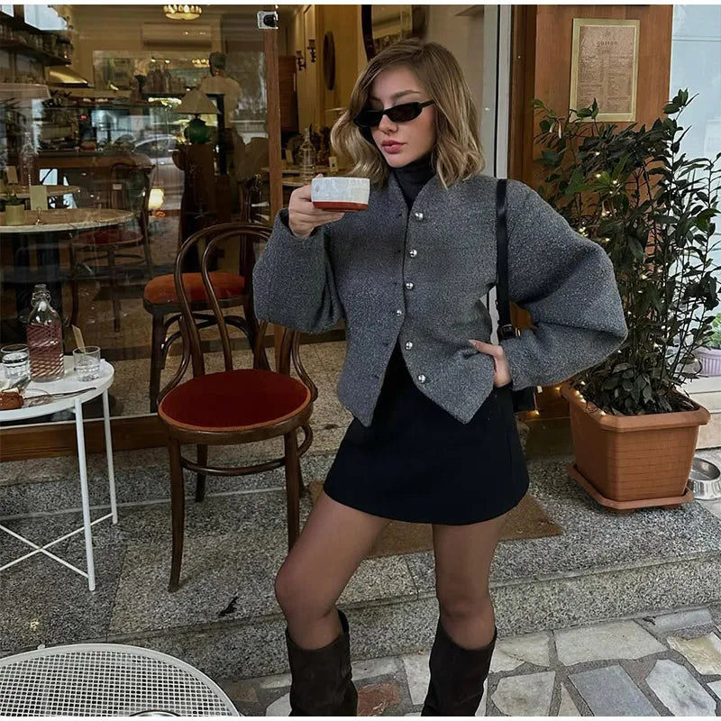 2025 Women's Burgundy Woolen Coat – Fashion Stand Collar, Puff Sleeves, Oversized Elegant High Street Jacket