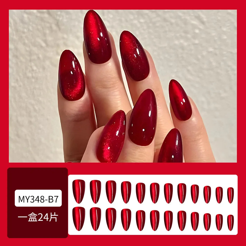 24PCS Glossy Red Cat Eye Press-On Nails Almond Full Cover Reusable Fake Nail Set