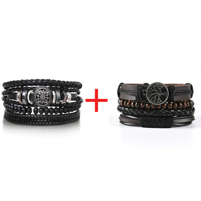 4Pcs Men's Braided Leather Bracelets Set – Vintage Life Tree & Rudder Charms, Wood Beads, Ethnic Tribal Wristbands