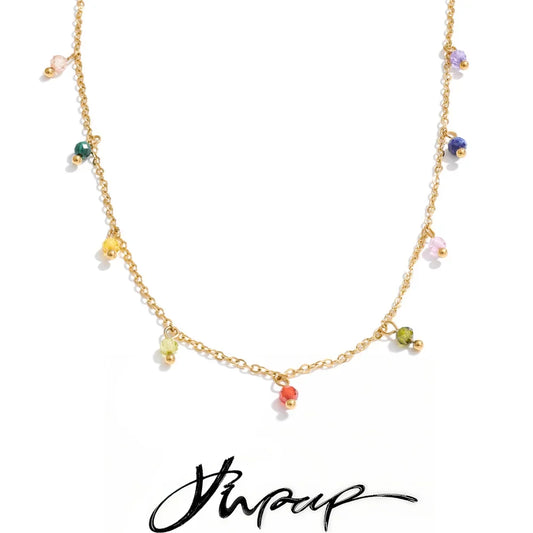 YHPUP Colorful Zirconia Drop Necklace - Stainless Steel Waterproof Y2K Collar Chain Jewelry with PVD Finish