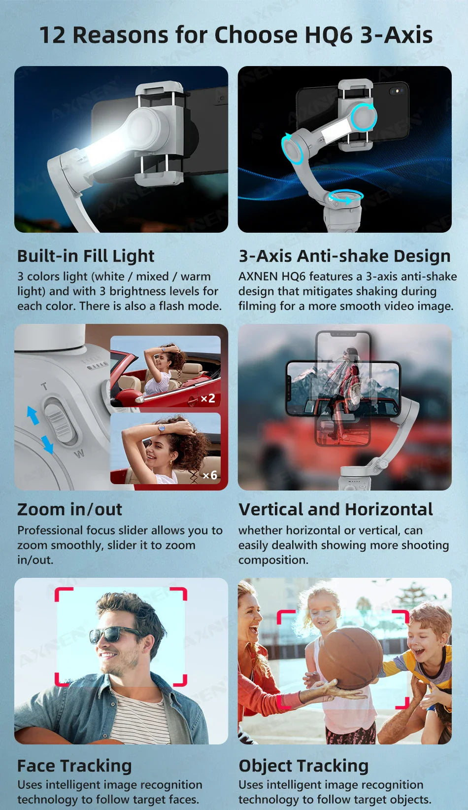 HQ6 3-Axis Gimbal Handheld Stabilizer – With Fill Light, Face Tracking, Anti-Shake for Android & iPhone Video Recording