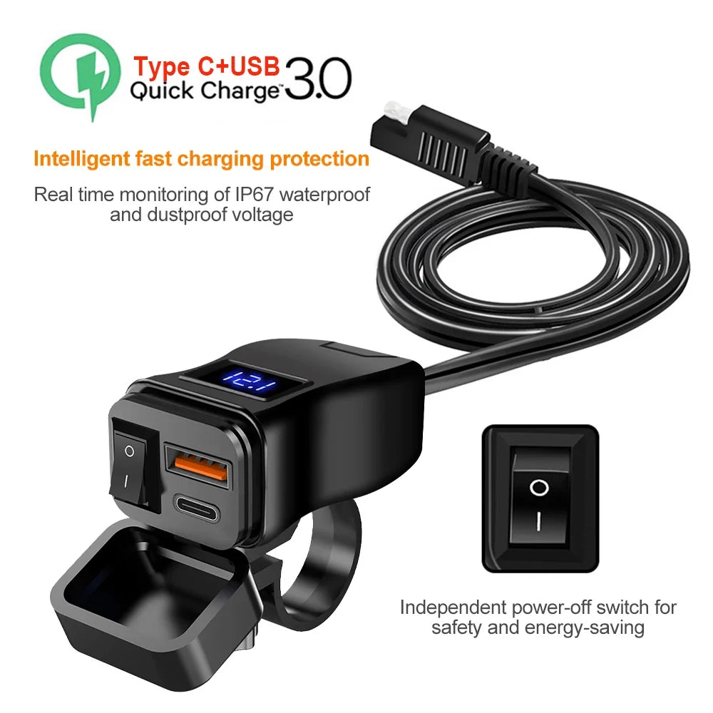 60W PD QC3.0 Motorcycle USB Fast Charger - Dual USB Handlebar Socket With Switch Voltmeter Waterproof 12V Power Adapter