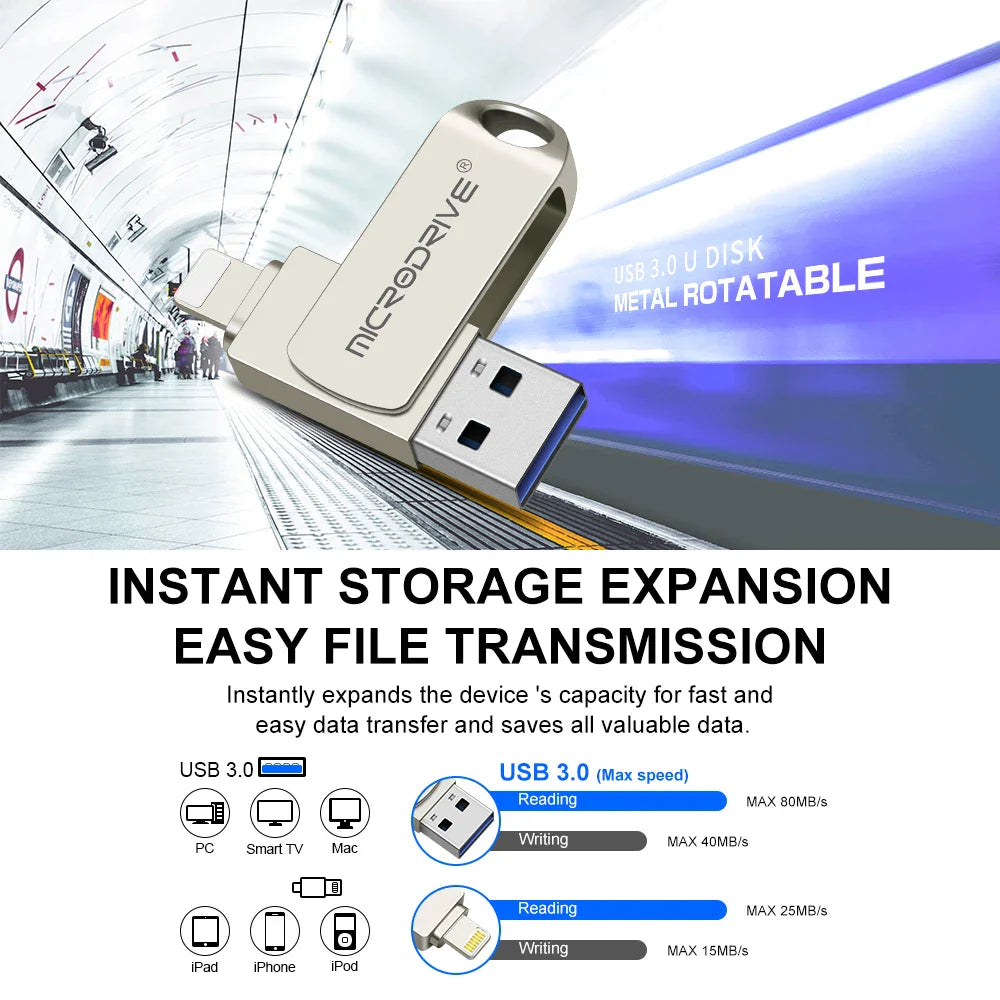 Metal OTG USB 3.0 Pen Drive – 32GB, 64GB, 128GB, 256GB Memory Stick for iPhone, iPad, Lightning, iOS