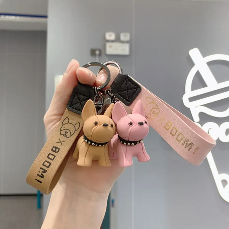 French Bulldog Keychain - Punk Style PU Leather Bag Pendant for Women & Men, Car Key Ring