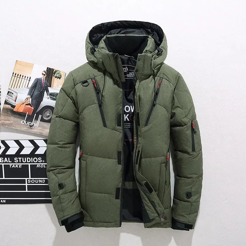 Men's Winter Hooded Puffer Jacket – White Duck Down Coat, Windproof & Warm Outdoor Parka, Size 5