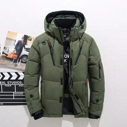 Men's Winter Hooded Puffer Jacket – White Duck Down Coat, Windproof & Warm Outdoor Parka, Size 5