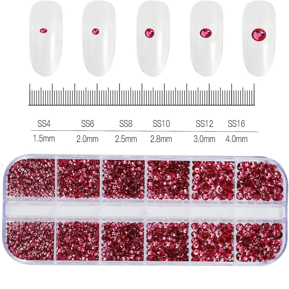 12-Grid Mixed Nail Rhinestones SS6-SS30 – Shiny Flat-Back Gems in Clear, Gold, Pink & Blue for Nail Art Decoration