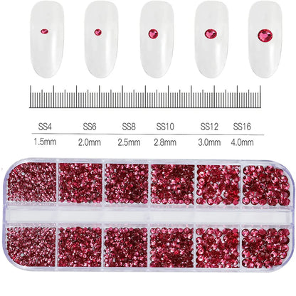 12-Grid Mixed Nail Rhinestones SS6-SS30 – Shiny Flat-Back Gems in Clear, Gold, Pink & Blue for Nail Art Decoration