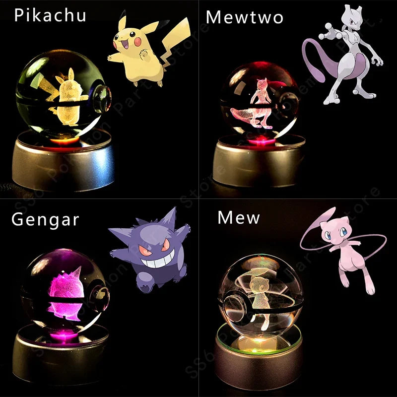 Pokémon Crystal Ball Night Light - 3D Pikachu Gengar Mewtwo Glass Lamp Statue Kids Birthday Gift