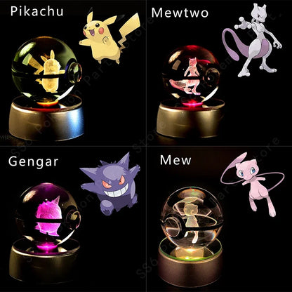 Pokémon Crystal Ball Night Light - 3D Pikachu Gengar Mewtwo Glass Lamp Statue Kids Birthday Gift
