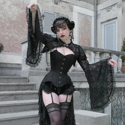 Lace Gothic See-Through Shrug Top – Black Flare Sleeve Crop Top, Vintage Punk Style for Women