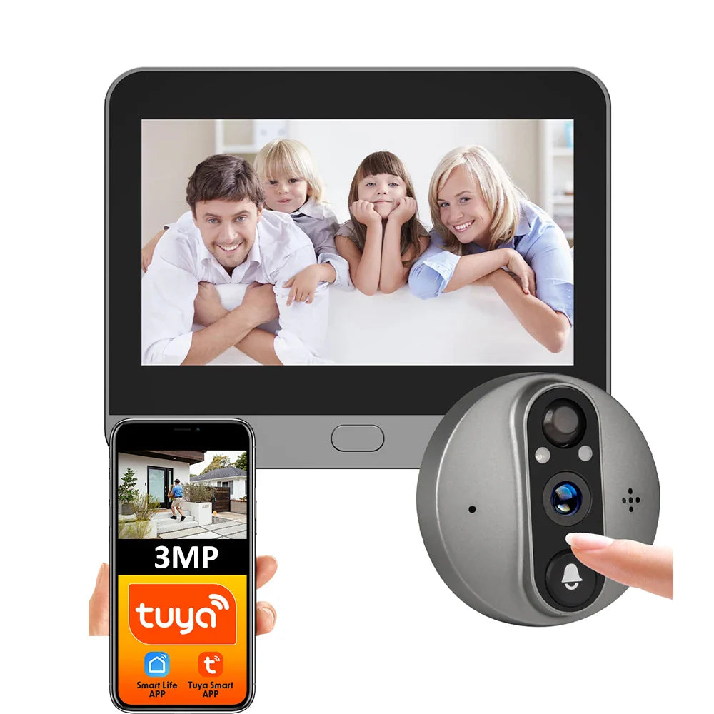 3MP Smart Life Tuya WiFi Doorbell — 1080P Peephole Camera, 5000mAh Battery, PIR Motion Sensor, IR, Alexa & Google Compatible