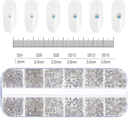 12-Grid Mixed Nail Rhinestones SS6-SS30 – Shiny Flat-Back Gems in Clear, Gold, Pink & Blue for Nail Art Decoration
