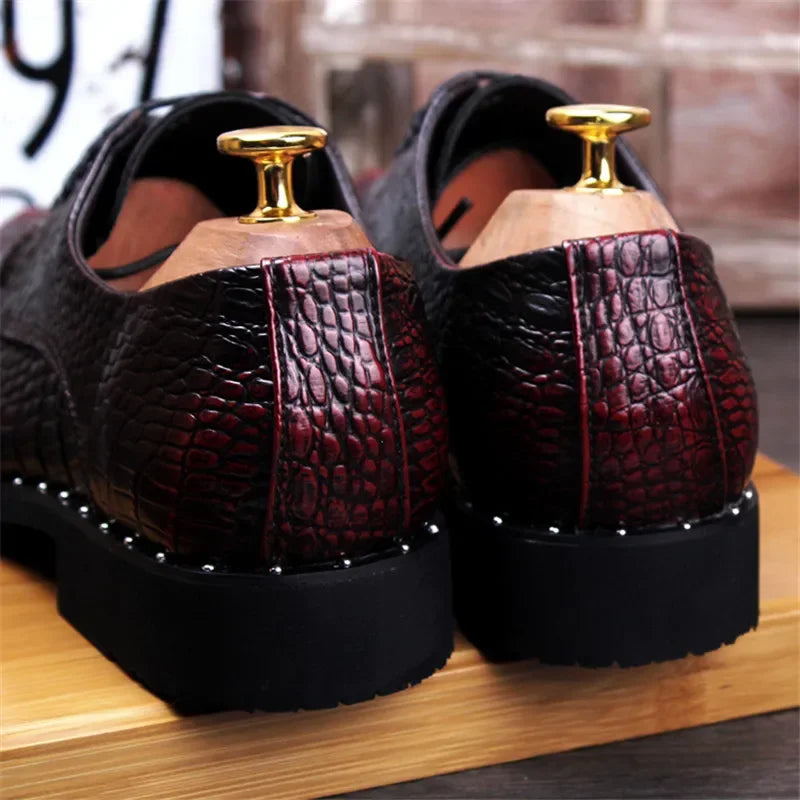 Men’s Alligator Grain Leather Oxford Shoes - Pointed Toe Lace-Up Business & Casual Dress Shoes for Office and Formal Wear