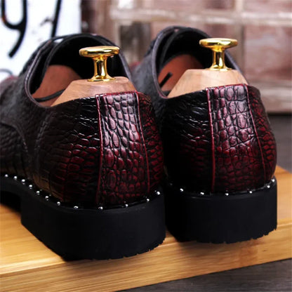 Men’s Alligator Grain Leather Oxford Shoes - Pointed Toe Lace-Up Business & Casual Dress Shoes for Office and Formal Wear