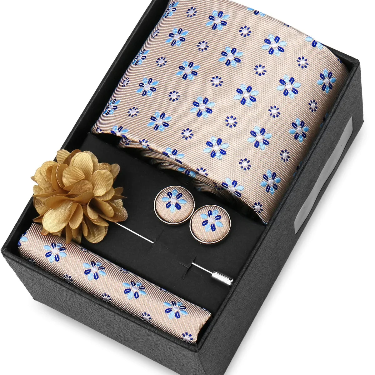 Elegant Men’s Necktie Gift Set - Fashion Tie with Handkerchief, Cufflinks & Brooch Pin Accessories for Business & Wedding