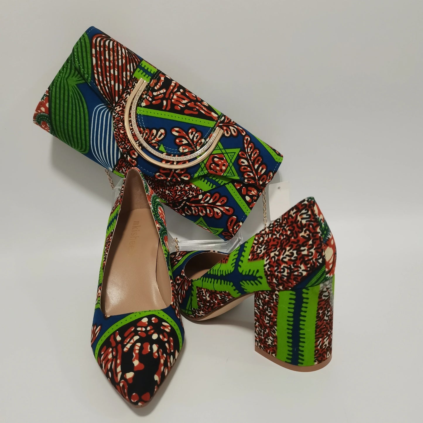 African Kente Print Women’s Shoe & Purse Set - Ankara Wax Print High Heels for Parties, Sizes 37-42