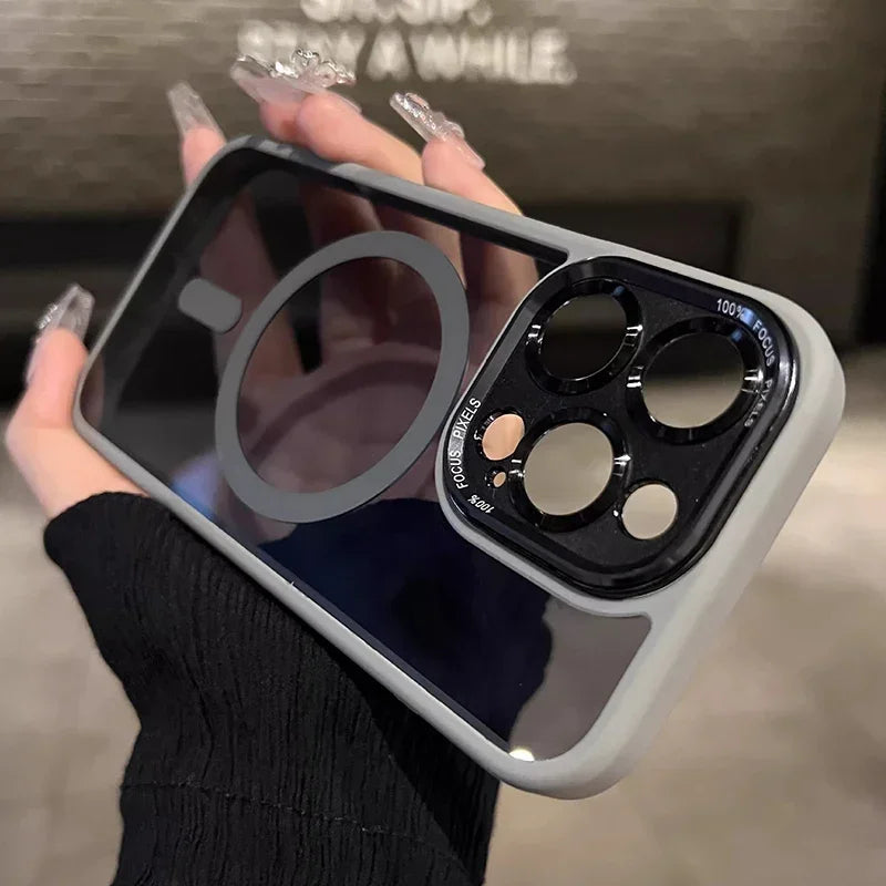 Luxury Magnetic Metal Lens Case – Hard Clear Protective Cover for iPhone 16, 15, 14, 13, 12, 11 Pro Max with Wireless Charging