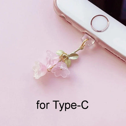 Pink Lily Flower Phone Charm - Cute Green Leaf Dust Plug Accessory for iPhone & Type-C Charging Ports
