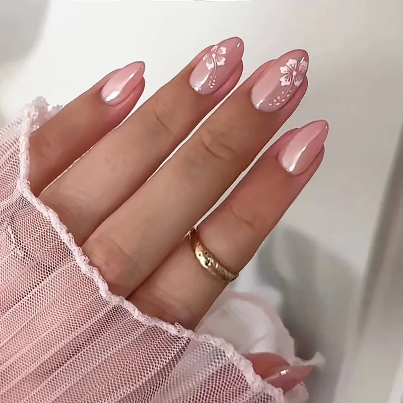 24pcs Goldfish Pattern Almond Press-On Nails – Simple Nude Pink Wearable Detachable False Nail Manicure Set