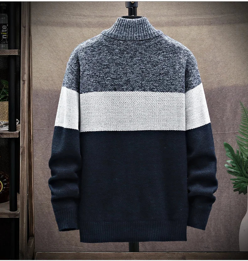 Men's Fleece Zipper Cardigan – Autumn Winter Velvet Striped Sweater Jacket