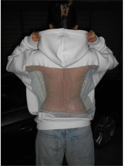 Women's Lace Splice Hoodie - Sexy See-Through Backless Fleece Pullover for Autumn & Winter Streetwear Fashion