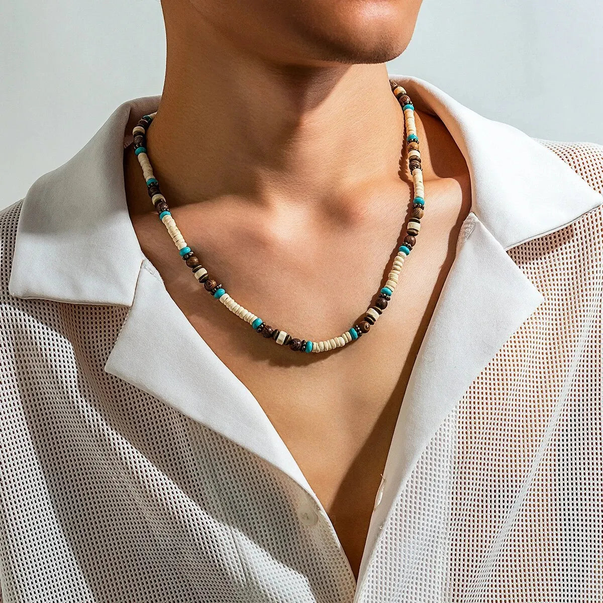 Men’s Summer Beach Wooden Bead Necklace – Handmade Tribal Surfer Jewelry with Geometric Steampunk Design