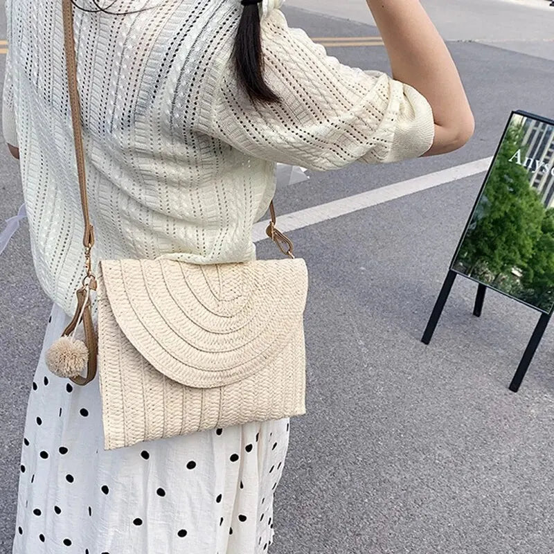 Handmade Straw Beach Bag – Small Woven Summer Shoulder Crossbody Clutch with Hair Ball