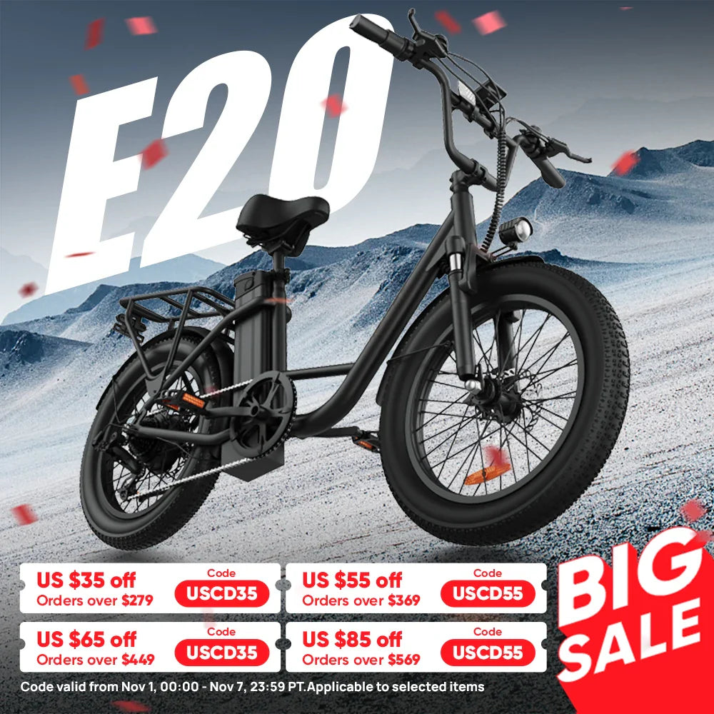 URLIFE E20 Electric Bike 1000W – 48V 13Ah Removable Battery, 20"×3" Fat Tire, 20MPH 7-Speed E-Bike with Dual Disc Brakes