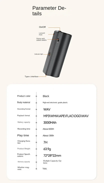 600-Hour Activated Voice Recorder – Espia USB Flash Magnet Dictaphone with Noise Reduction, 4GB-128GB MP3 Audio Player