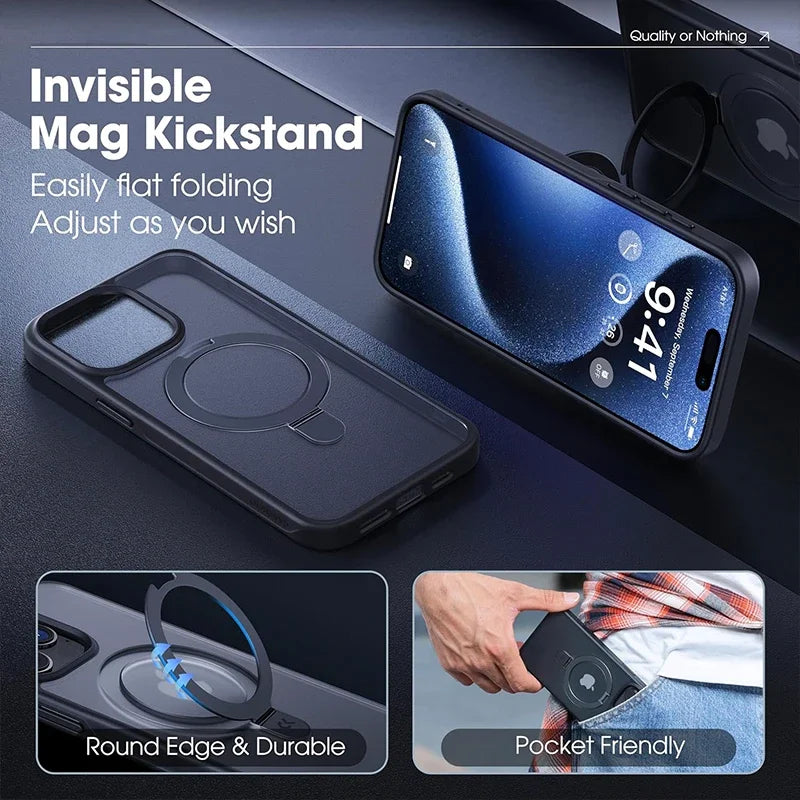 Matte Magnetic iPhone Case with Ring Stand | Translucent Cover for iPhone 11–16 Pro Max, Plus, and Mini