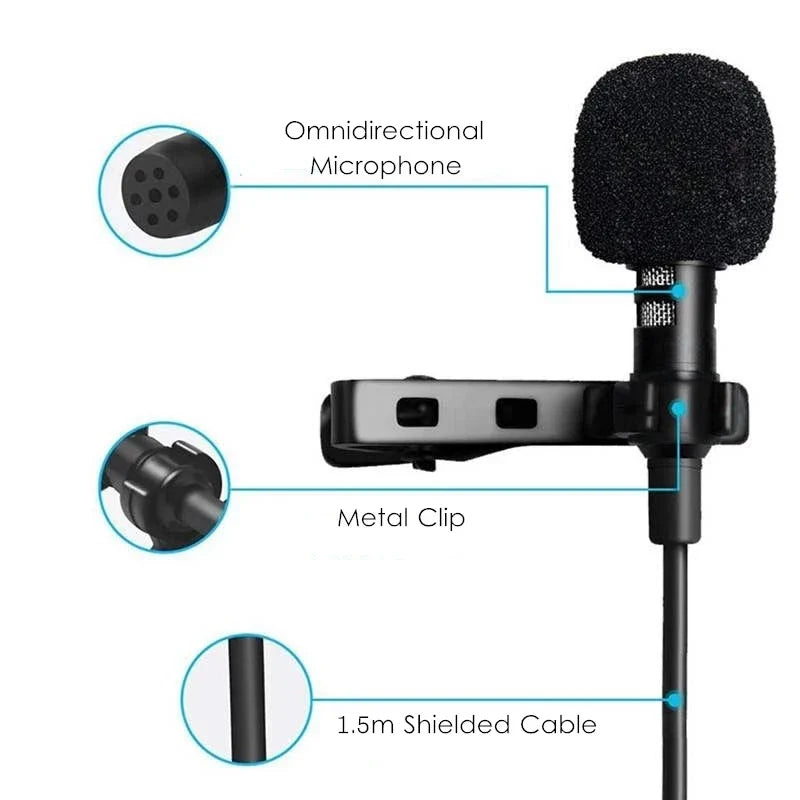Portable USB Lavalier Microphone - 1.5M Clip-On Condenser Lapel Mic with USB, 3.5mm & Type-C Compatibility