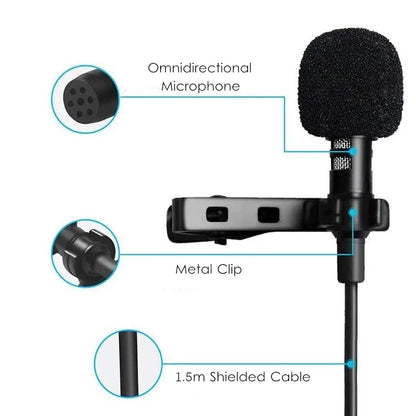 Portable USB Lavalier Microphone - 1.5M Clip-On Condenser Lapel Mic with USB, 3.5mm & Type-C Compatibility