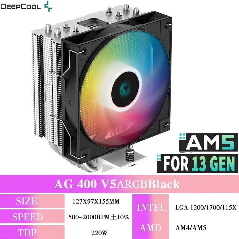 DEEPCOOL AG400 ARGB CPU Air Cooler – 4 Heat Pipe PWM 220W TDP High Performance Cooling for Intel LGA1700/1200/115X & AMD AM4/AM5
