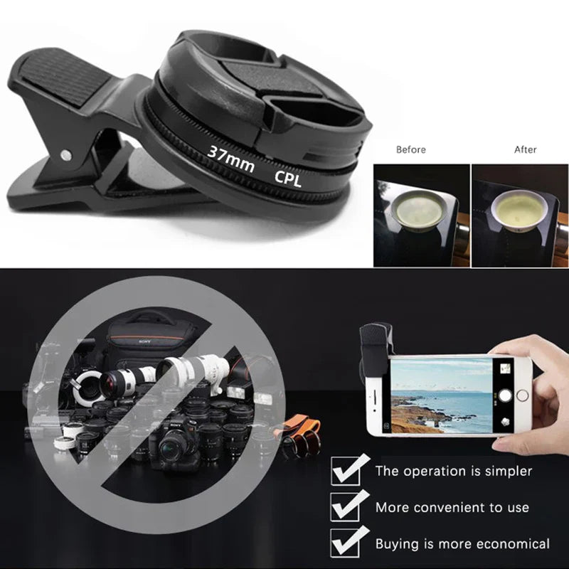 37/52MM CPL Circular Polarizer Filter — Universal Black Camera & Phone Clip-On Lens Accessory for Wide-Angle Photography