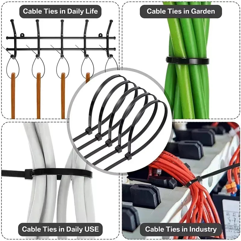 100PCS Nylon Cable Ties - Self-Locking Adjustable Wire Zip Ties for Home Office Cable Management