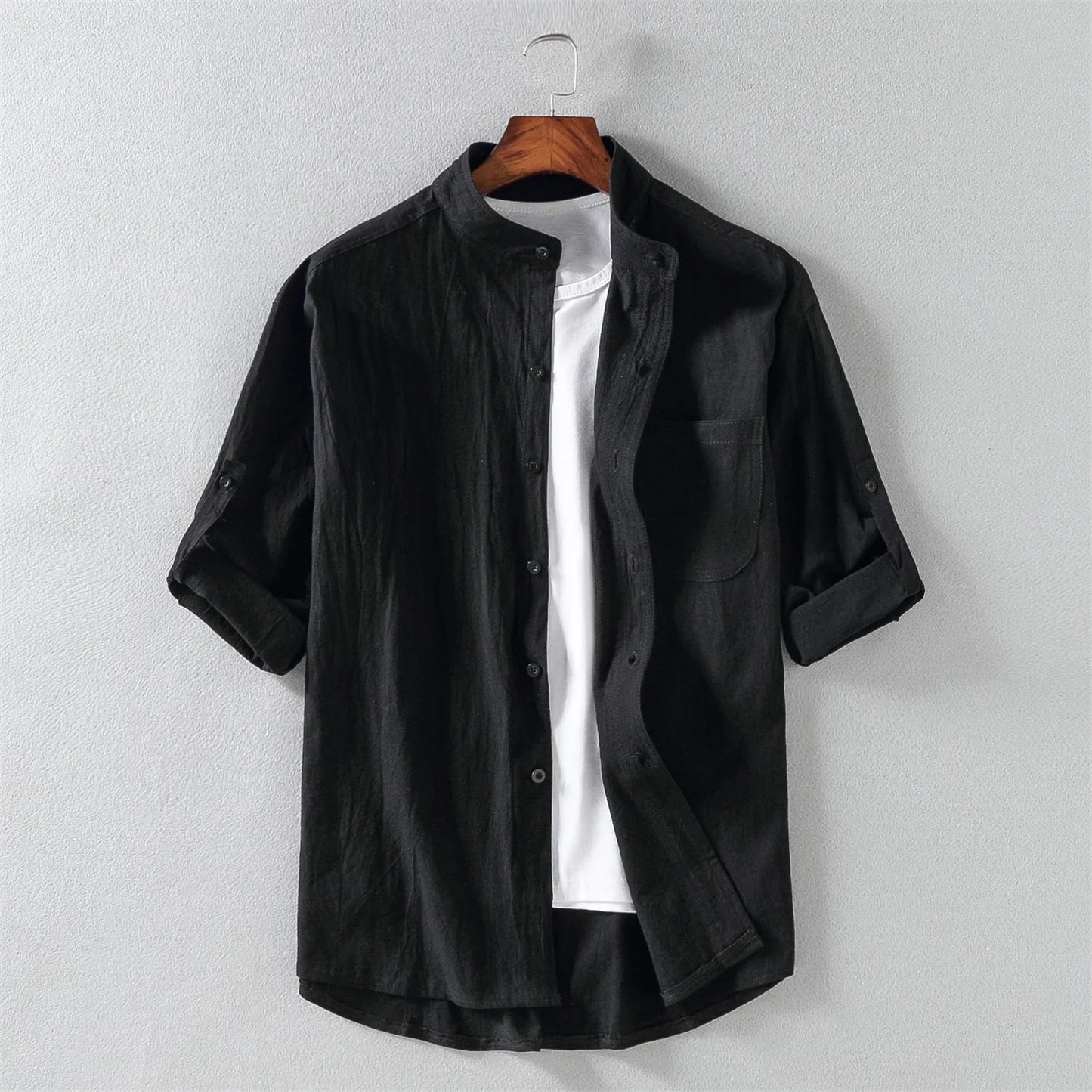 Men’s Stand Collar Short Sleeve Shirt - Spring Summer Casual Mid-Sleeve Plus Size Fashion Top