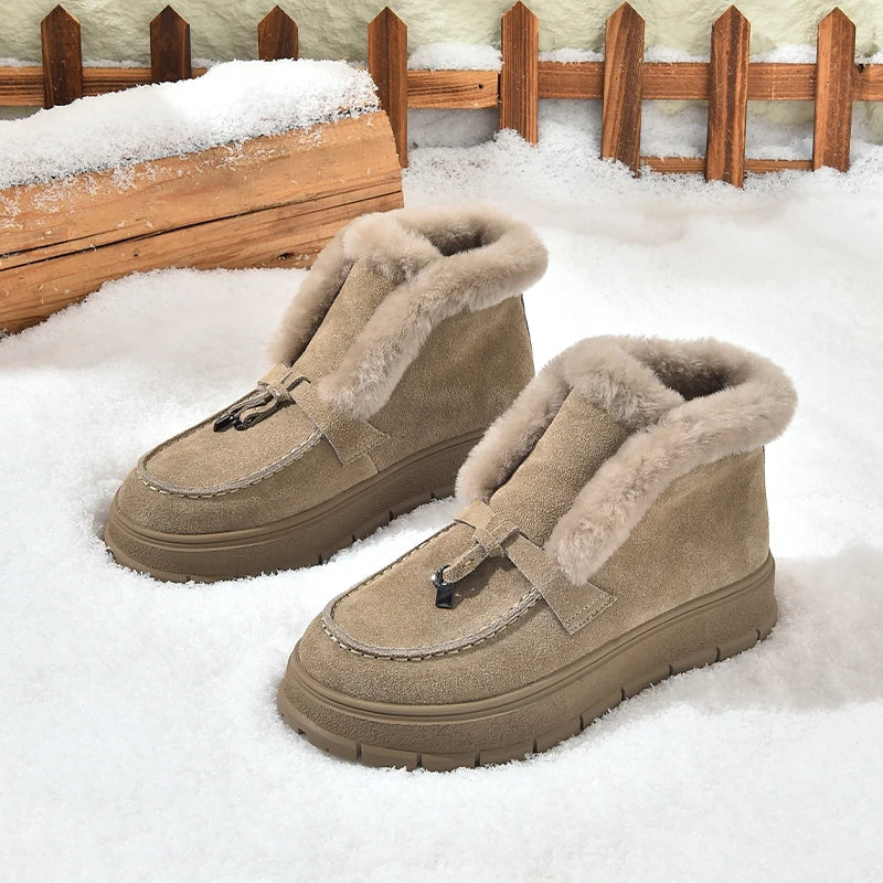 BEAUTODAY Women’s Winter Snow Boots - Cow Suede Platform Boots with Warm Fur, Round Toe & Handmade Sewing Design