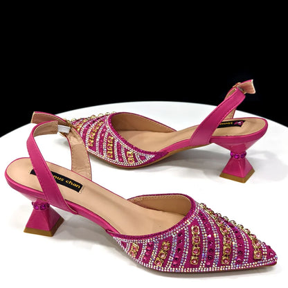 Women’s Fuchsia Rhinestone Shoe & Bag Set - Shiny Italian Style Pointed Toe High Heel Fashion Accessories