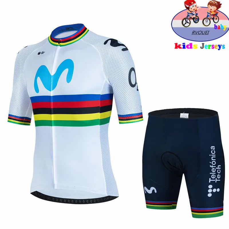 Kids Cycling Jersey Set - Baby Movistar Team Style Road Bike Shirt and Pants Suit for Boys and Girls MTB Riding